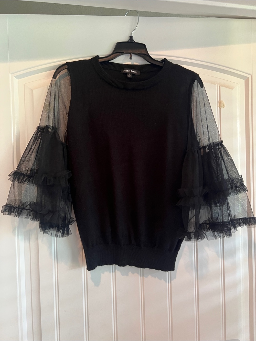 Jealous Tomato Black Knit Top with Tiered Sheer Ruffle Sleeves